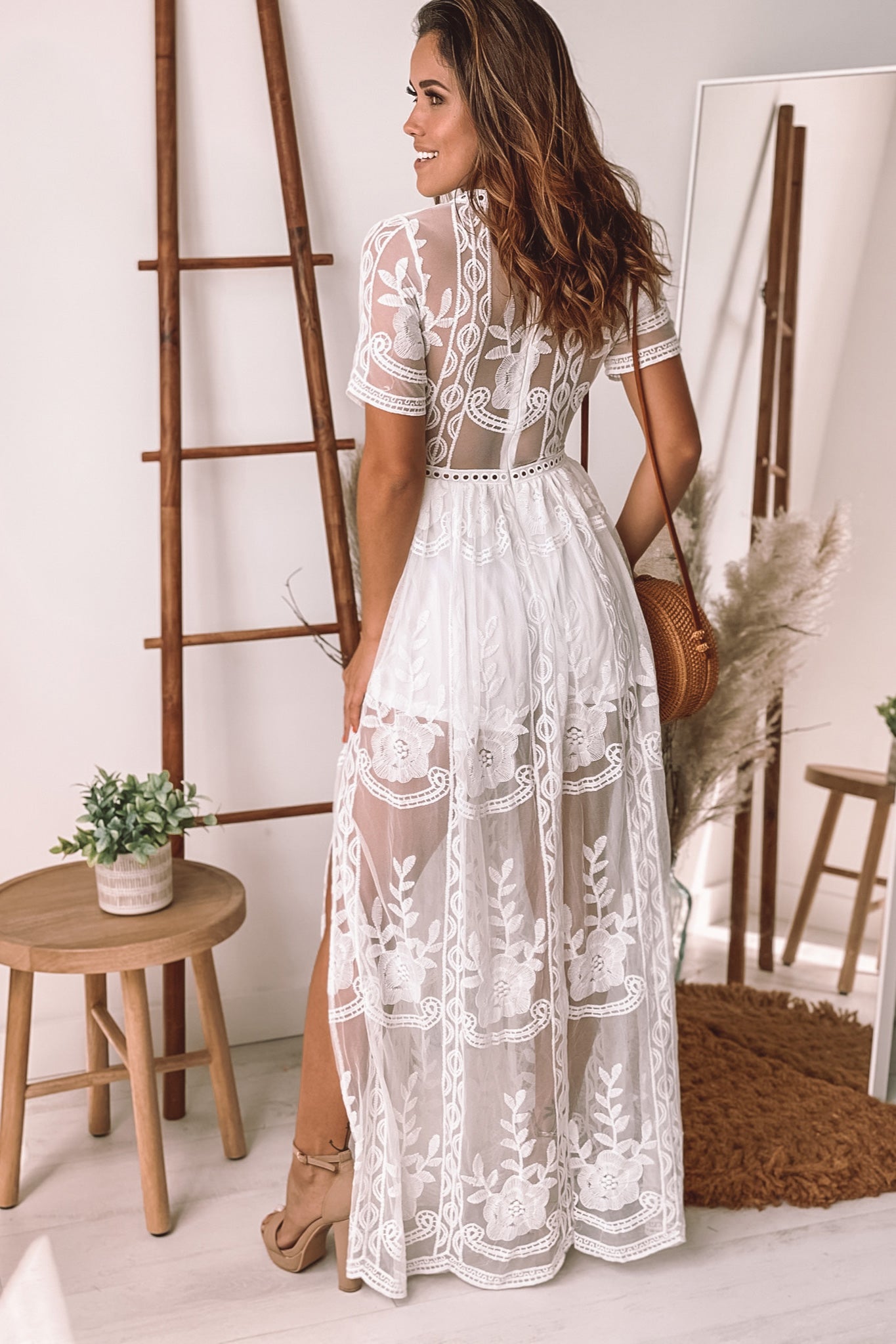 Off White Lace Maxi Romper with Sleeves ...